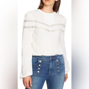 NWT 1.STATE Moody Hues Long Sleeve Lace Tonal Stripe, Lace Insets & Pintuck Ecru